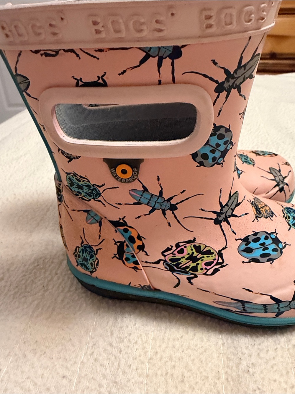 Bogs Pink Rain Boots with Blue and Orange Beetle Print